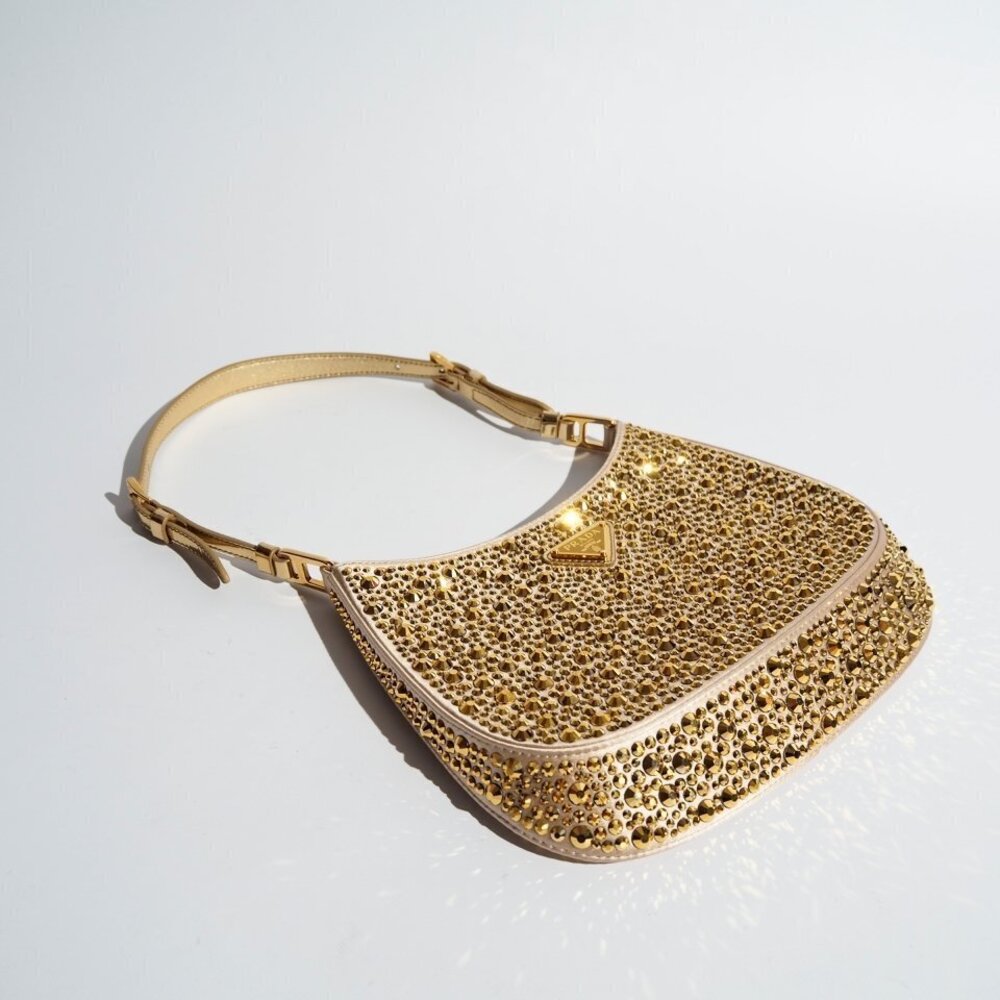PRADA Platinum Satin Cleo Bag Crystal Gold Shoulder rb mks - Picture 4 of 7